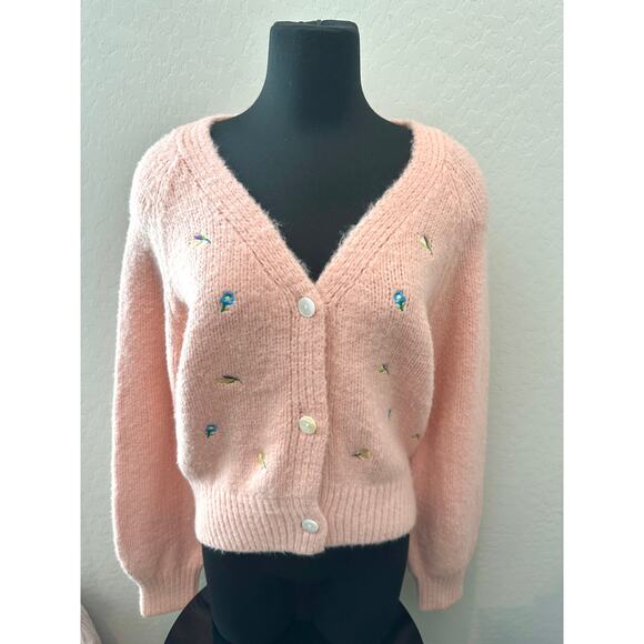 ENGLISH FACTORY | Pink Embroidered Floral Button Front Cardigan Sweater | Large - Picture 2 of 7